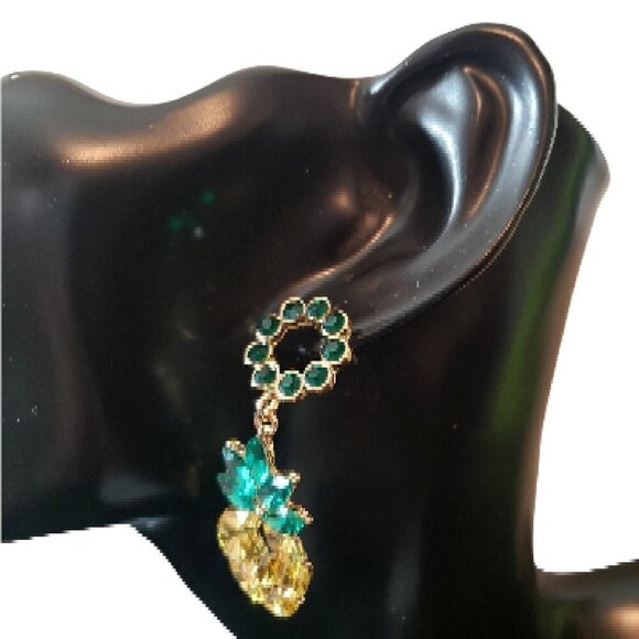 Womens Green Yellow Pineapple Palm Tree Rhinestone Dangling Earrings Jewelry - Picture 5 of 7